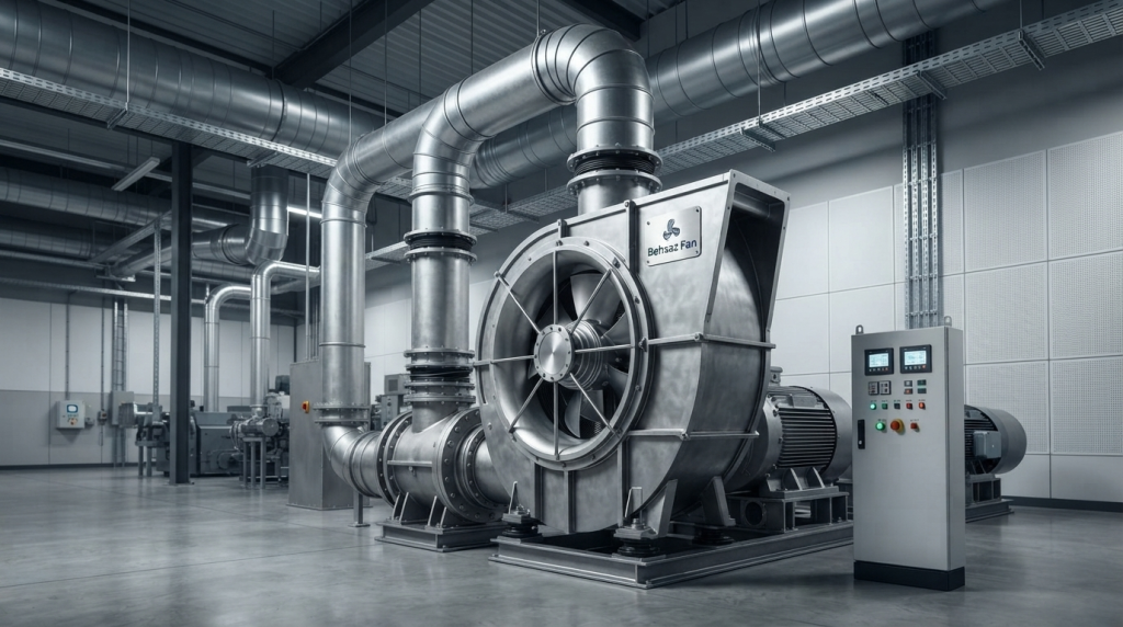 هواکش صنعتی (Exhaust Fan) قدرتمند برند بهساز فن با شاسی مقاوم و طراحی آیرودینامیک برای تهویه و تخلیه هوای محیطهای کارگاهی