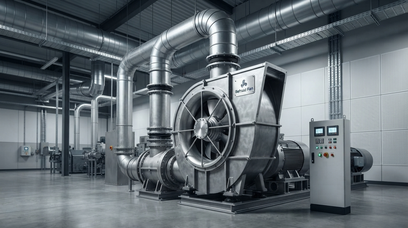هواکش صنعتی (Exhaust Fan) قدرتمند برند بهساز فن با شاسی مقاوم و طراحی آیرودینامیک برای تهویه و تخلیه هوای محیط‌های کارگاهی