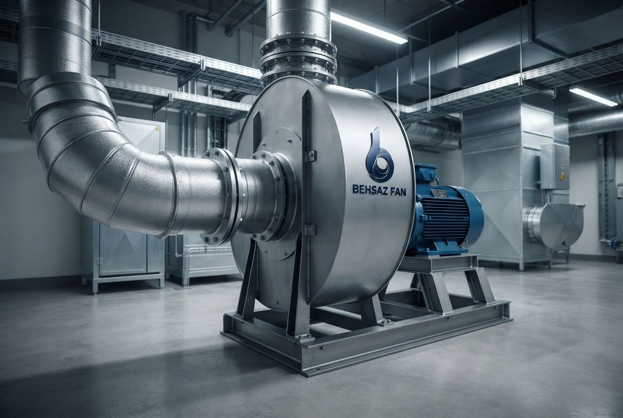 فن سانتریفیوژ (Centrifugal Fan) صنعتی تولید بهساز فن، مجهز به الکتروموتور با بازدهی بالا، بدنه حلزونی ضد ارتعاش و شاسی دوبل
