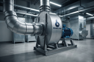 فن سانتریفیوژ (Centrifugal Fan) صنعتی تولید بهساز فن، مجهز به الکتروموتور با بازدهی بالا، بدنه حلزونی ضد ارتعاش و شاسی دوبل